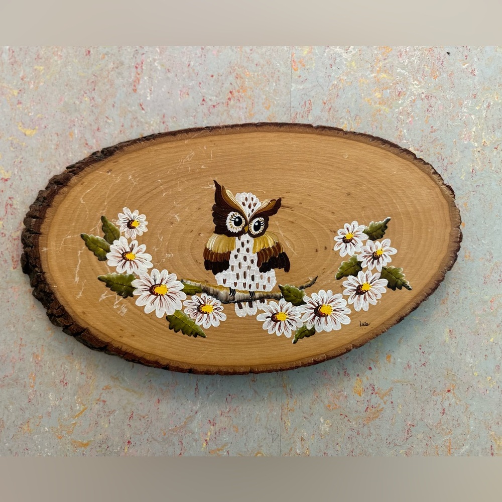 Vintage Mid Century 60s 70s Owl Floral Painting Live Edge Wood Round Signed Lois